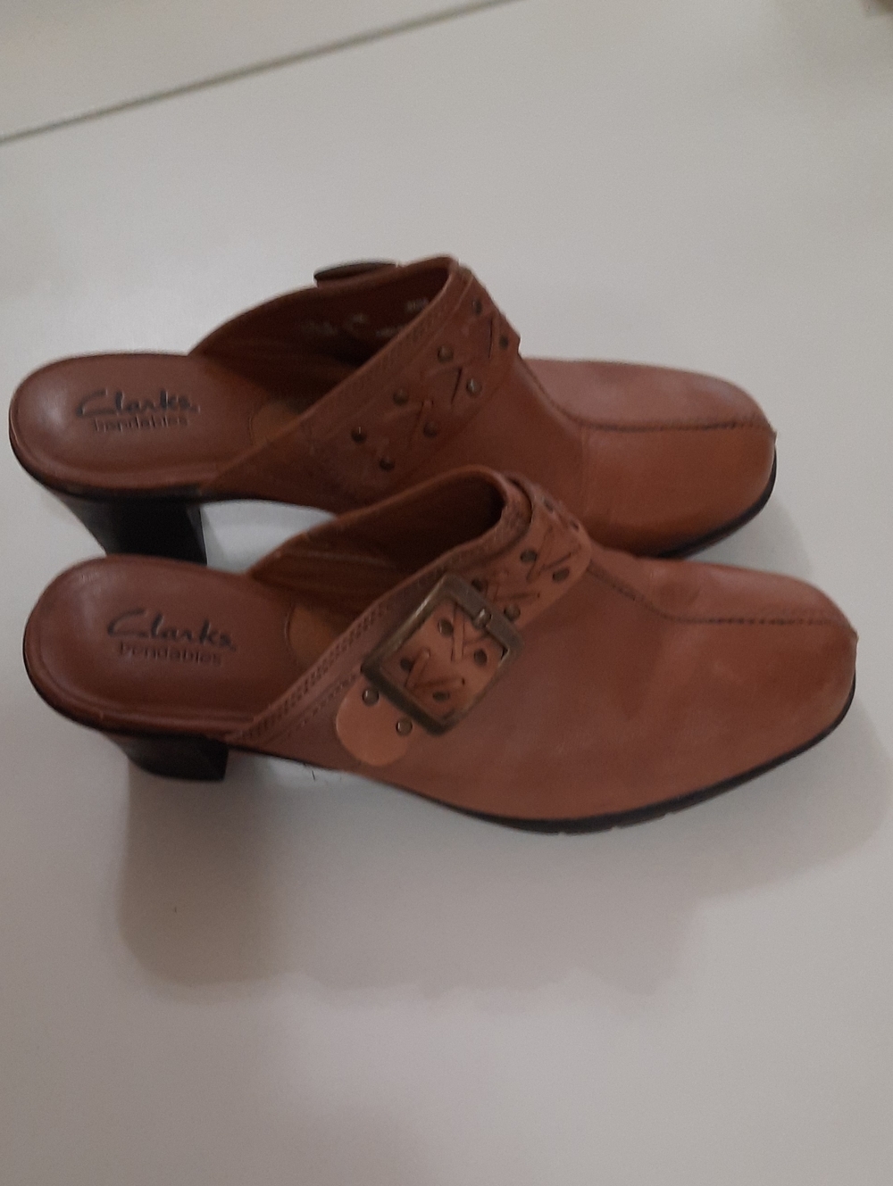 Clarks Tan Leather Buckle Mules - Size 10M